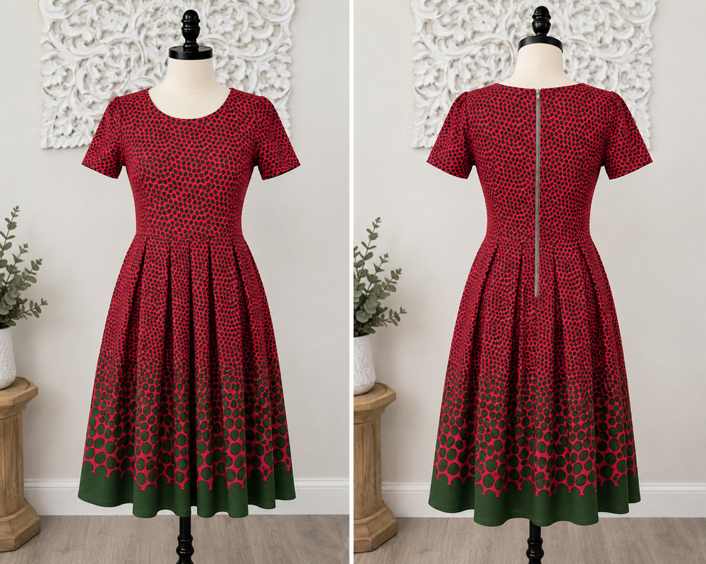 LuLaRoe Amelia Dress Pink Green Polka Dot Fit & Flare Stretch Knit size M